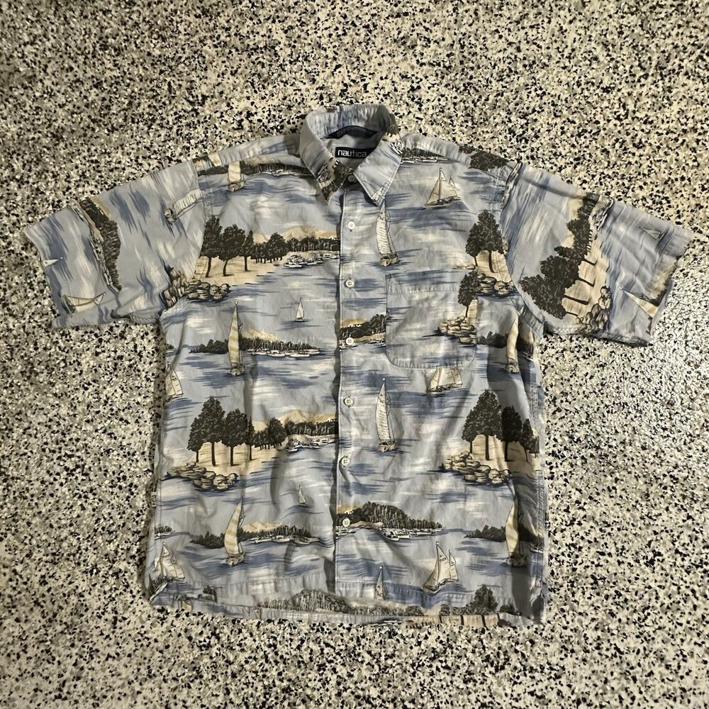 Vintage Nautica Button Shirt Sailboat Mens Medium Collared All Over Print 90's